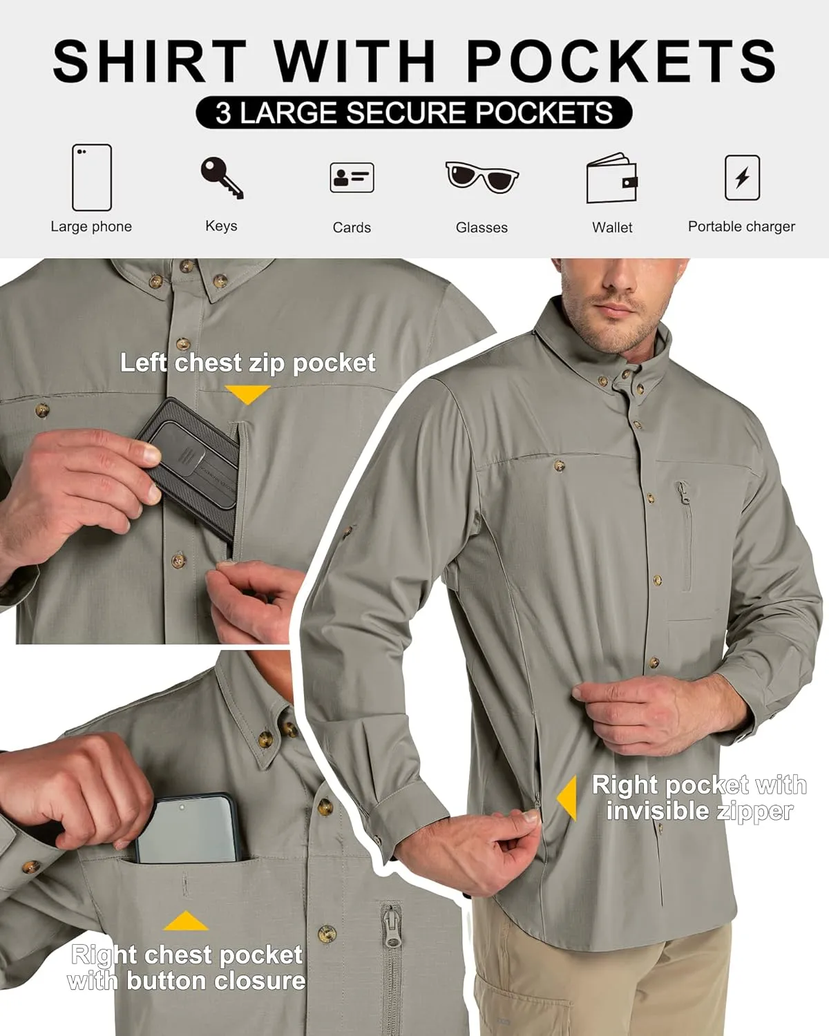 33,000ft Men's UPF 50  UV Protection Long Sleeve Hiking Shirts Breathable Quick Dry Fishing Shirts for Safari, Outdoor