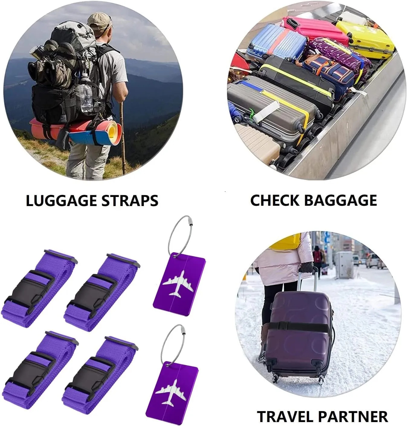 4 Pack Luggage Straps - Adjustable Suitcase Belts 46"-78.8", Heavy Duty Travel Packing Straps with 2 Luggage Tags with Name ID Card, Quick-Release Buckle (Purple)