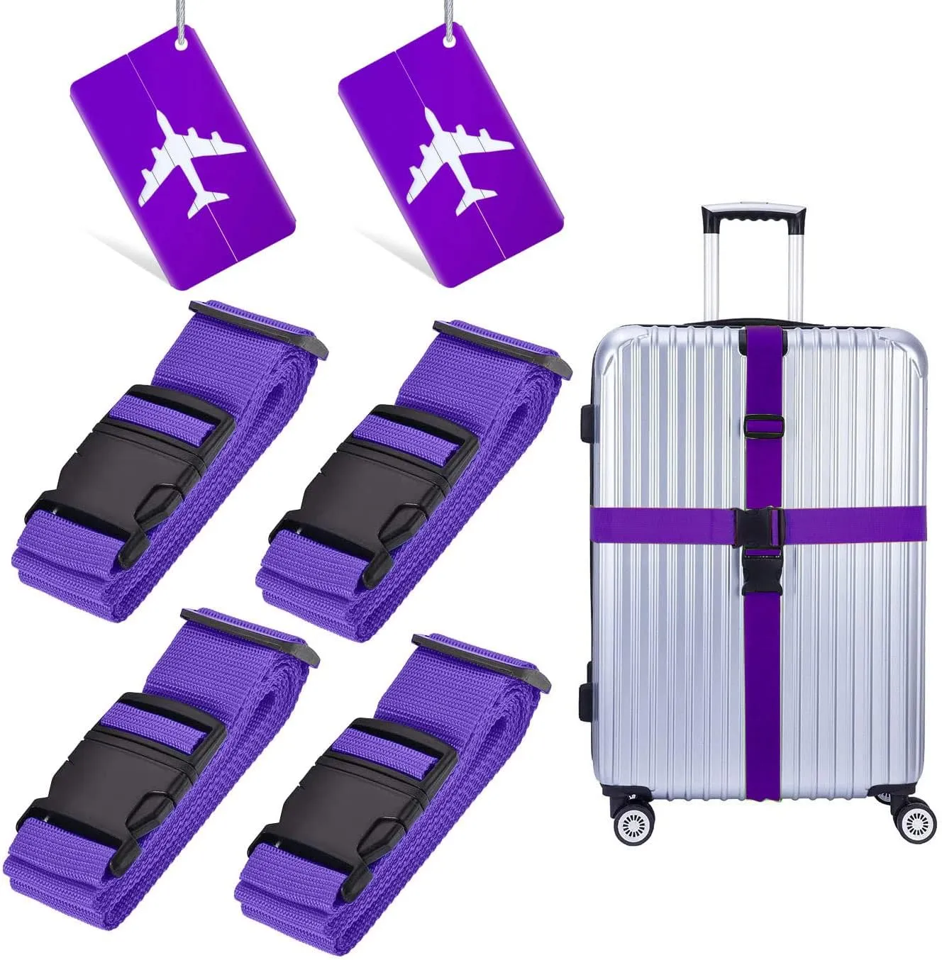 4 Pack Luggage Straps - Adjustable Suitcase Belts 46"-78.8", Heavy Duty Travel Packing Straps with 2 Luggage Tags with Name ID Card, Quick-Release Buckle (Purple)