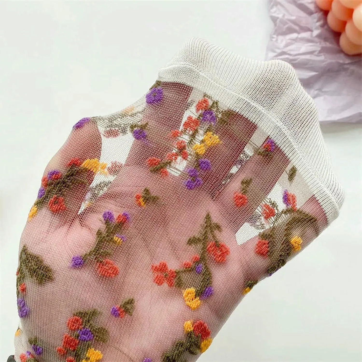 5 Pair Women'S Summer Thin Mid-Calf Socks Fashion Ladies Transparent Breathable Flower Socks
