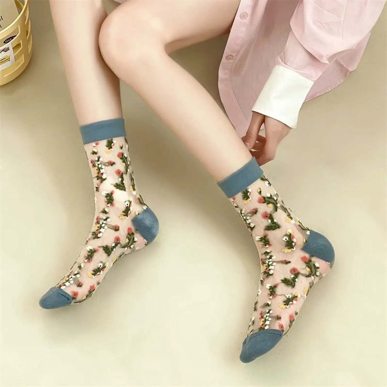 5 Pair Women'S Summer Thin Mid-Calf Socks Fashion Ladies Transparent Breathable Flower Socks