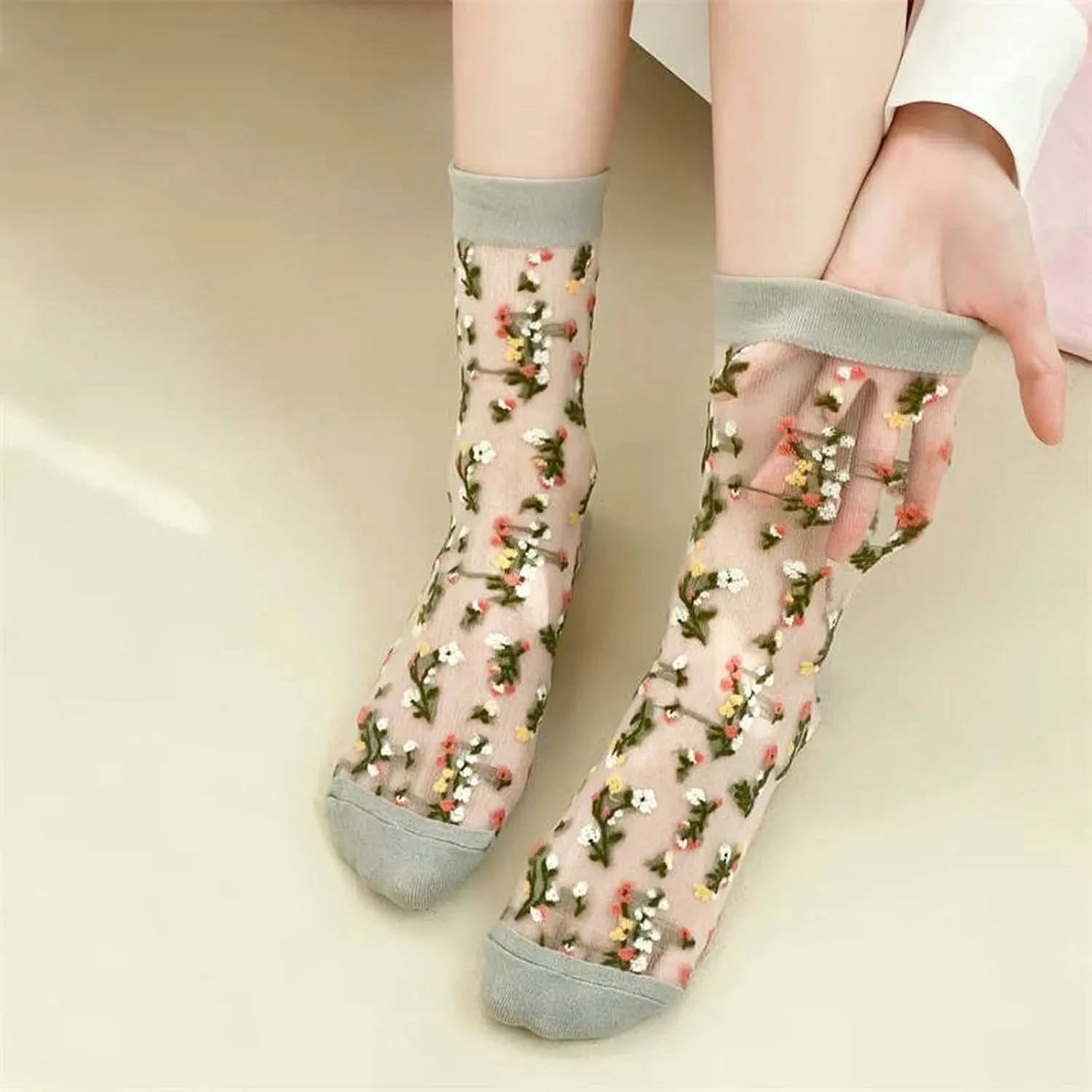 5 Pair Women'S Summer Thin Mid-Calf Socks Fashion Ladies Transparent Breathable Flower Socks