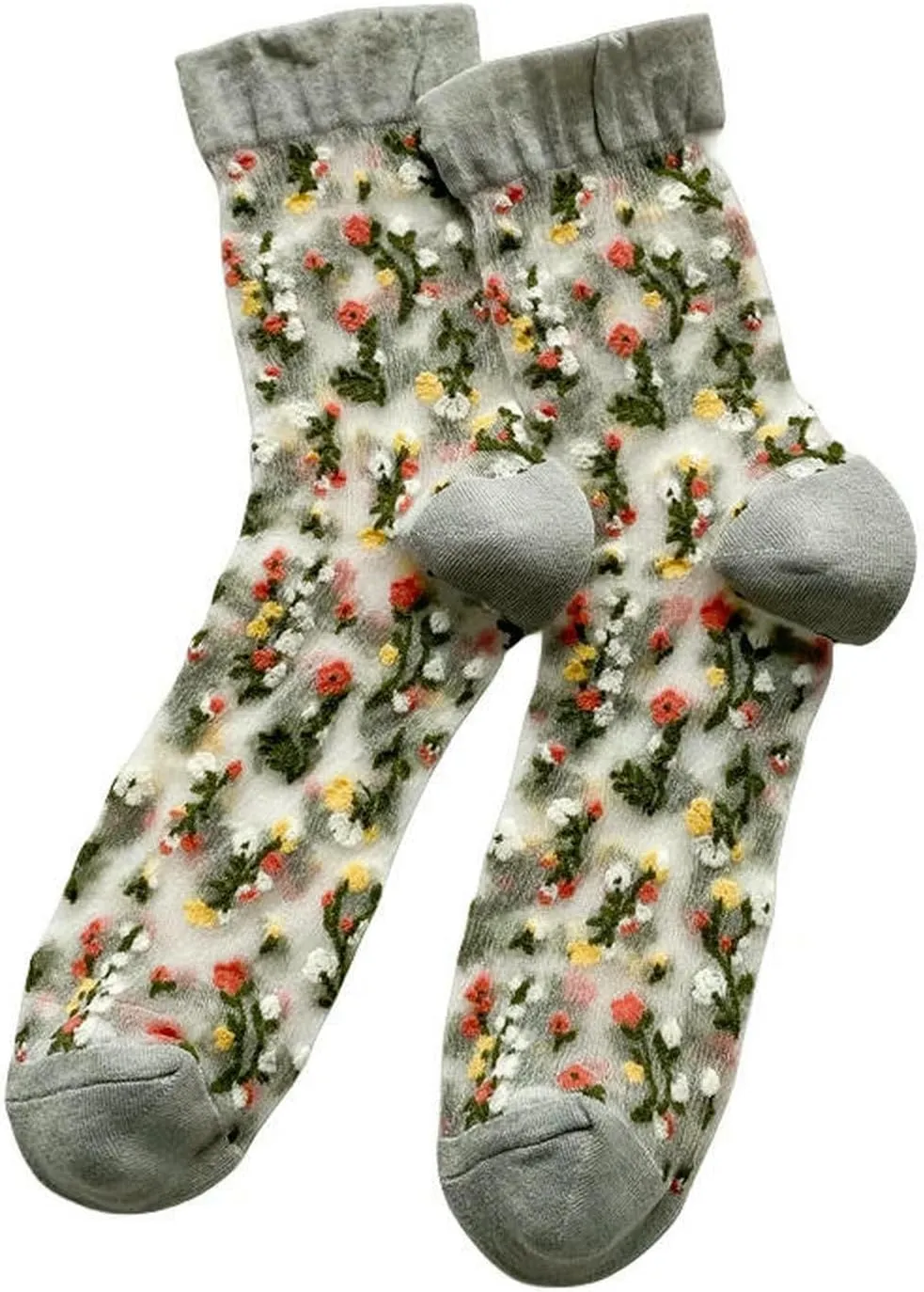 5 Pair Women'S Summer Thin Mid-Calf Socks Fashion Ladies Transparent Breathable Flower Socks