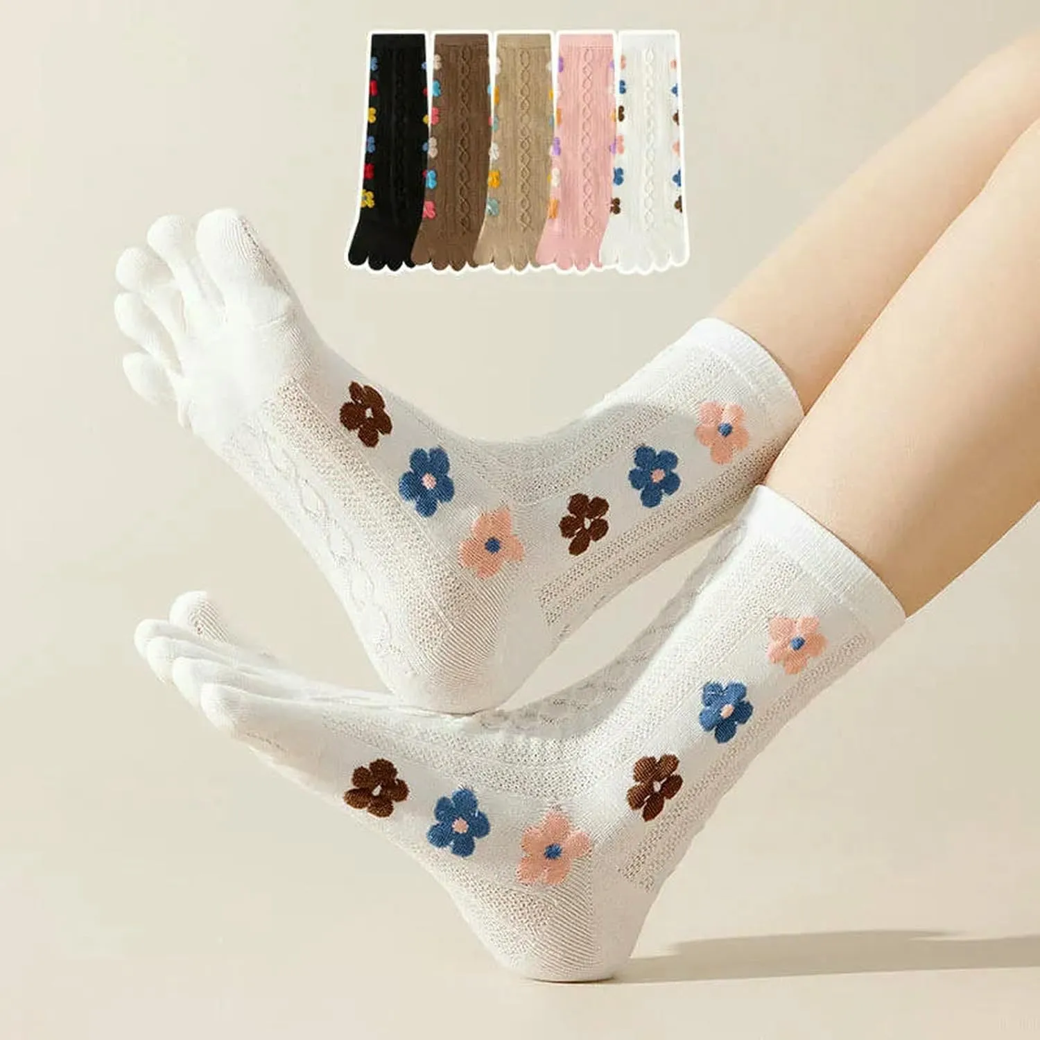 5 Pair Women'S Thin Mid Tube Socks Breathable Sweat-Absorbing 5 Toes Split Toe Socks