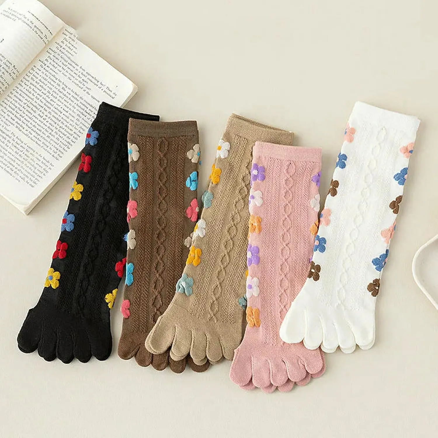 5 Pair Women'S Thin Mid Tube Socks Breathable Sweat-Absorbing 5 Toes Split Toe Socks