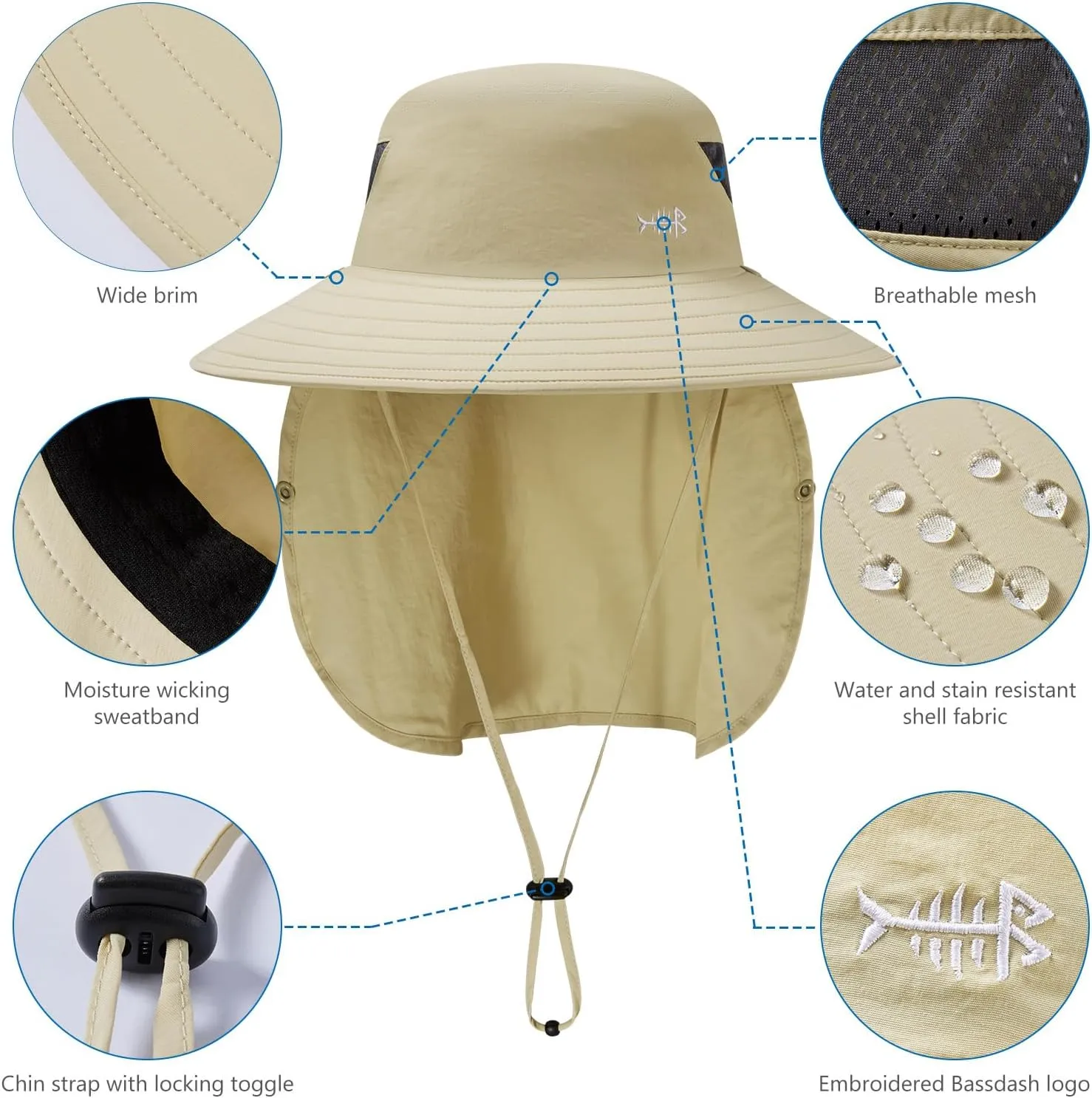 BASSDASH UPF 50  Breathable Sun Hat with Removable Face Cover and Neck Flap Wide Brim Bucket Hat for Fishing Hiking Men Women