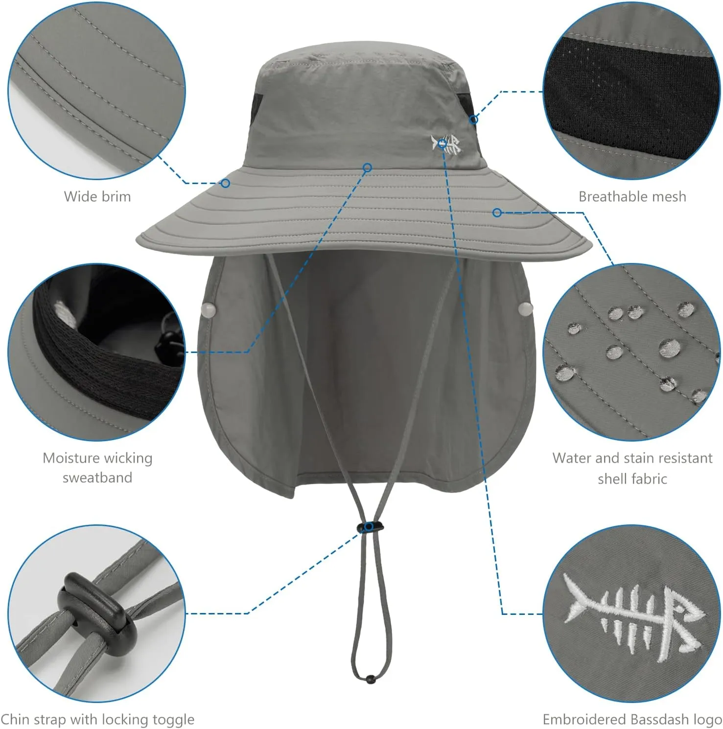 BASSDASH UPF 50  Breathable Sun Hat with Removable Face Cover and Neck Flap Wide Brim Bucket Hat for Fishing Hiking Men Women