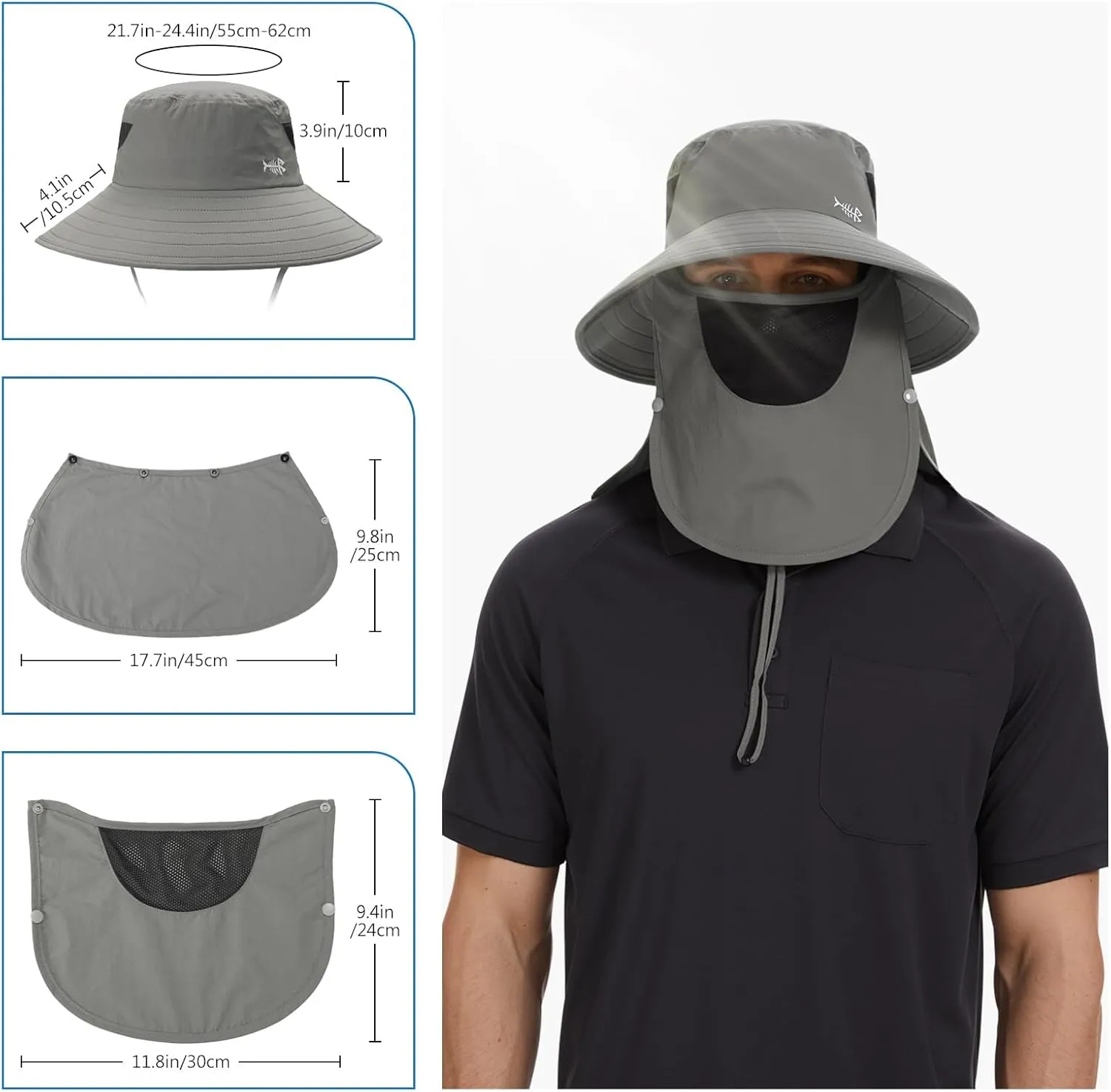 BASSDASH UPF 50  Breathable Sun Hat with Removable Face Cover and Neck Flap Wide Brim Bucket Hat for Fishing Hiking Men Women