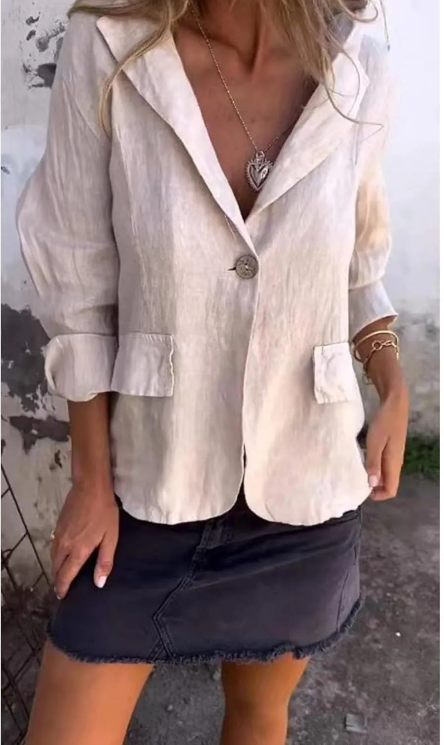Cotton and Linen Casual Lapel Single-Button Thin Coat,Linen Blazer Women Summer 3/4 Sleeve Lightweight Lapel Jackets