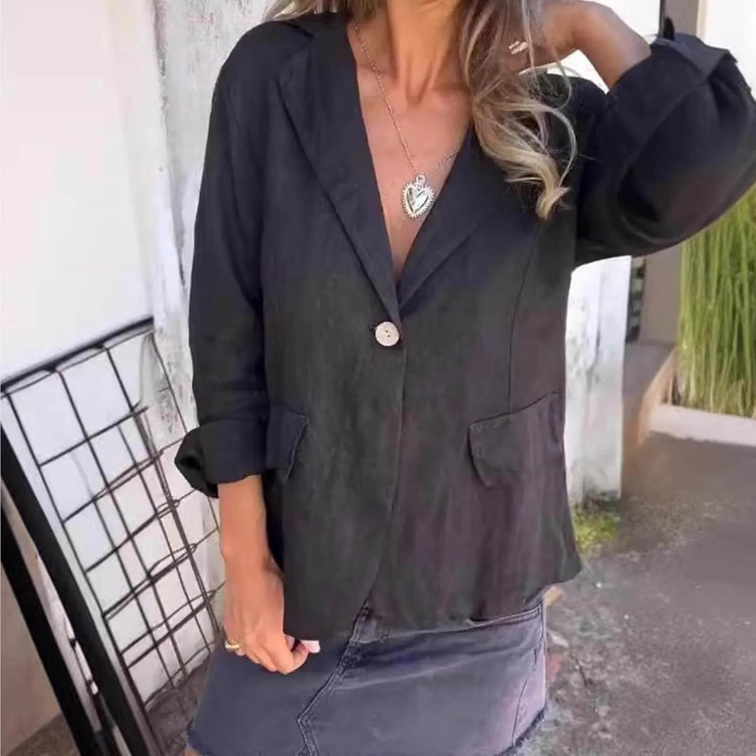 Cotton and Linen Casual Lapel Single-Button Thin Coat,Linen Blazer Women Summer 3/4 Sleeve Lightweight Lapel Jackets