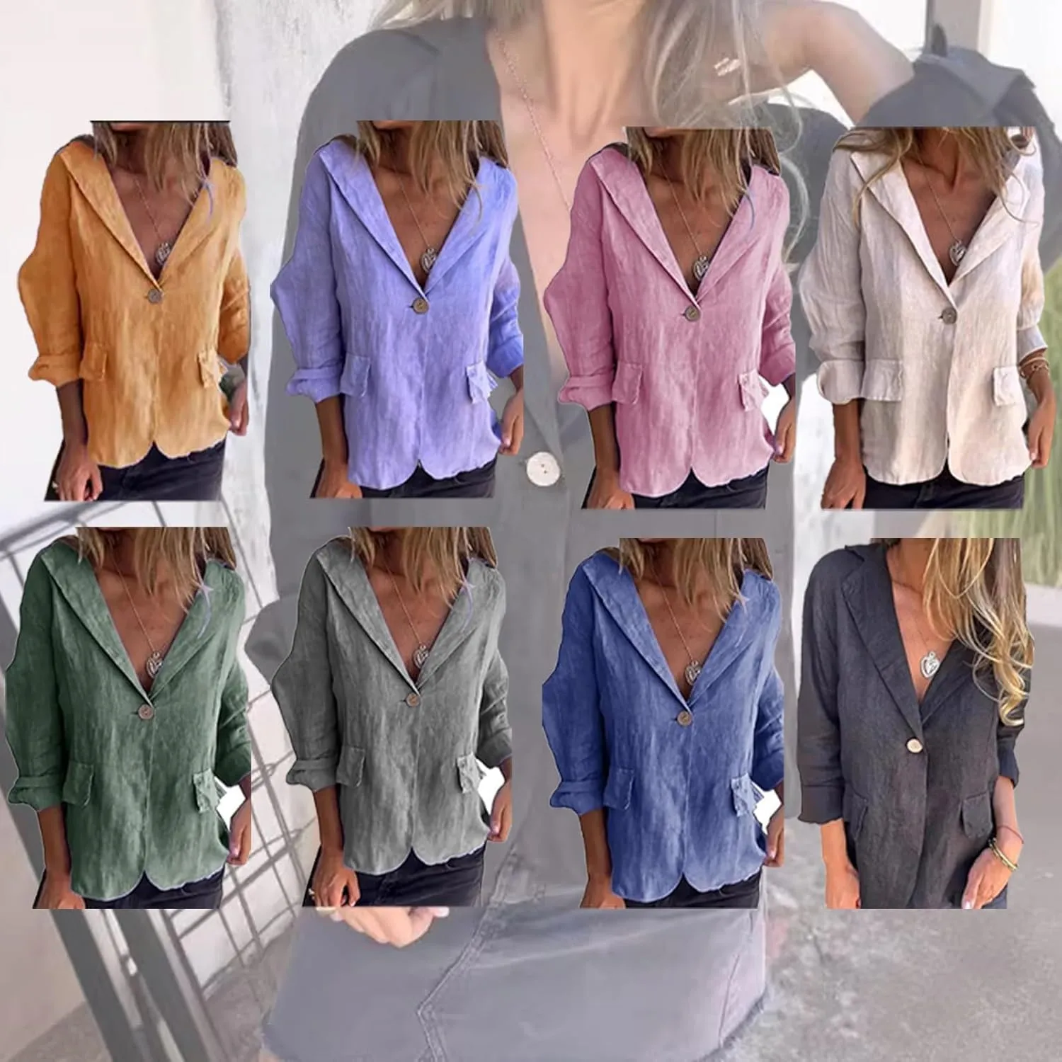 Cotton and Linen Casual Lapel Single-Button Thin Coat,Linen Blazer Women Summer 3/4 Sleeve Lightweight Lapel Jackets