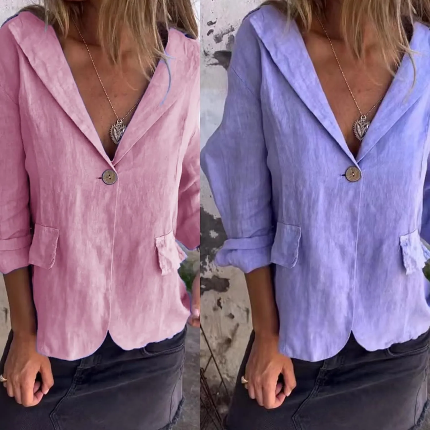 Cotton and Linen Casual Lapel Single-Button Thin Coat,Linen Blazer Women Summer 3/4 Sleeve Lightweight Lapel Jackets