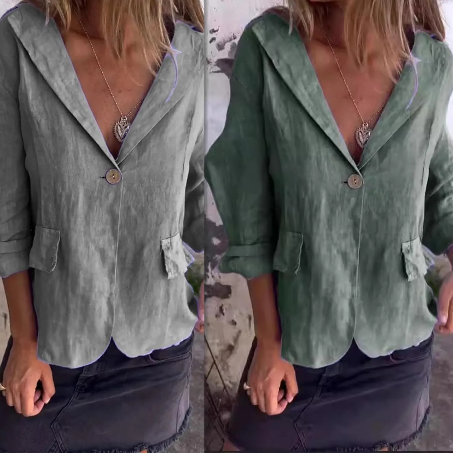 Cotton and Linen Casual Lapel Single-Button Thin Coat,Linen Blazer Women Summer 3/4 Sleeve Lightweight Lapel Jackets