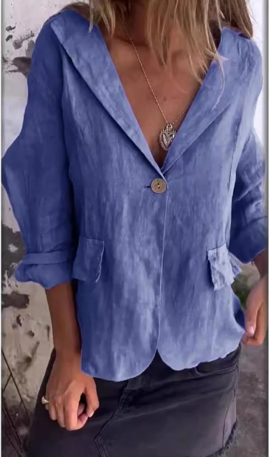 Cotton and Linen Casual Lapel Single-Button Thin Coat,Linen Blazer Women Summer 3/4 Sleeve Lightweight Lapel Jackets