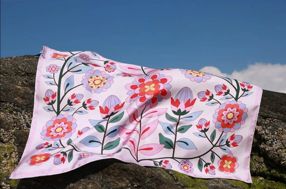 Double Sided Silk Scarf Of Pink Garden