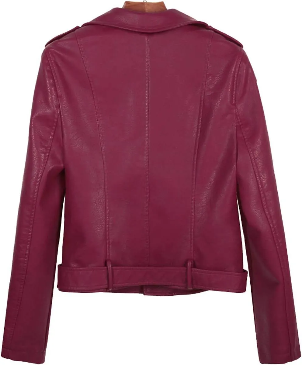 ebossy Women's Moto Stylish Oblique Zip Slimming Faux Leather Biker Cropped Jacket Belt