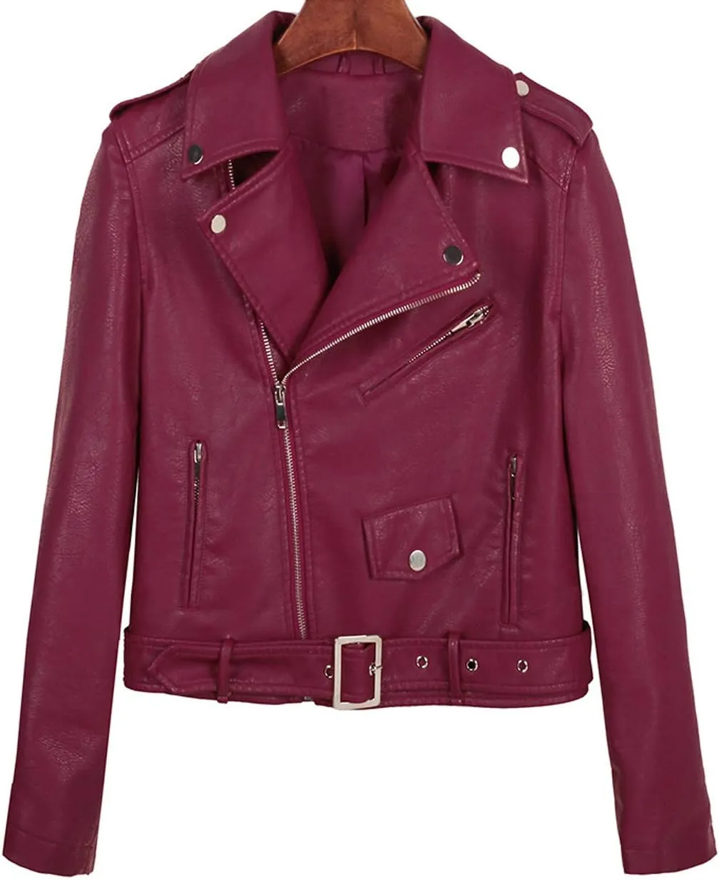 ebossy Women's Moto Stylish Oblique Zip Slimming Faux Leather Biker Cropped Jacket Belt