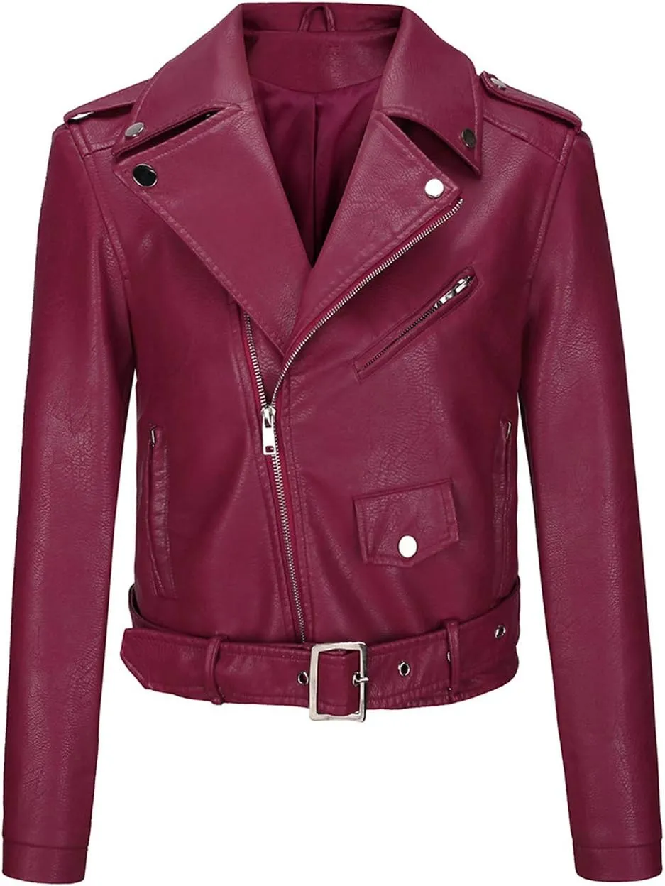 ebossy Women's Moto Stylish Oblique Zip Slimming Faux Leather Biker Cropped Jacket Belt