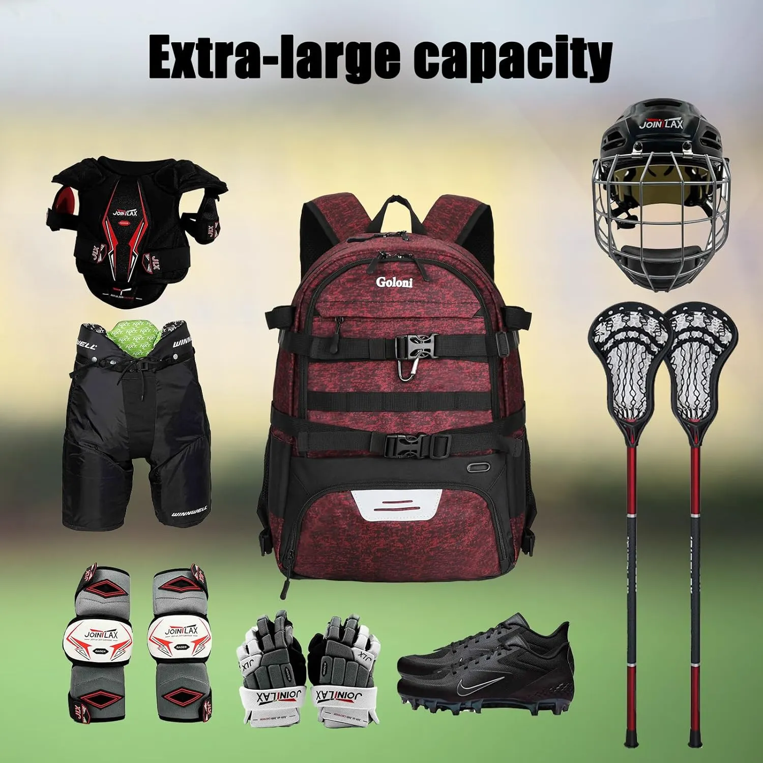 Goloni Lacrosse Equipment Backpack with Two Sticks holder and Separate Cleats Compartment Field Hockey Bag