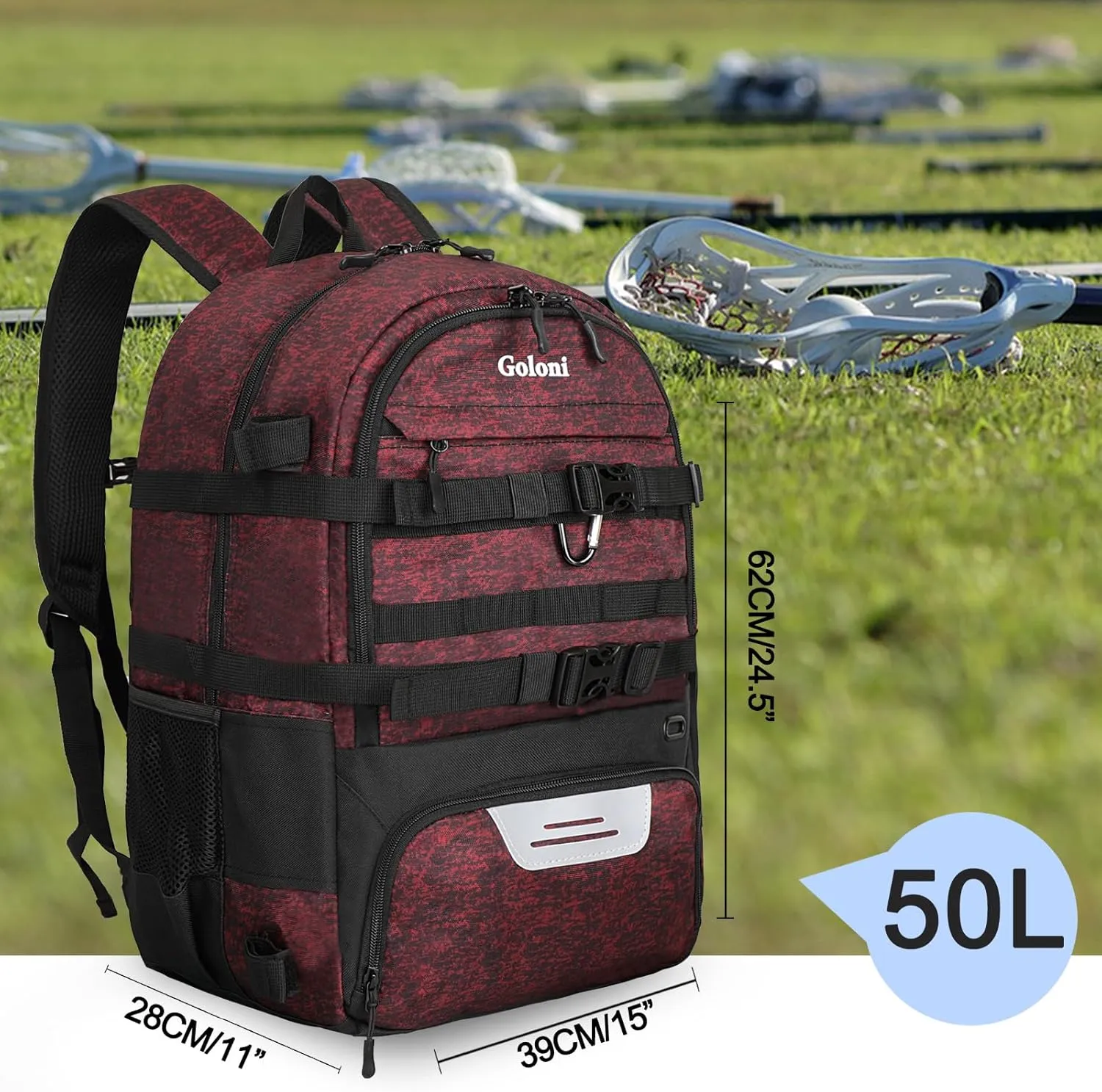 Goloni Lacrosse Equipment Backpack with Two Sticks holder and Separate Cleats Compartment Field Hockey Bag