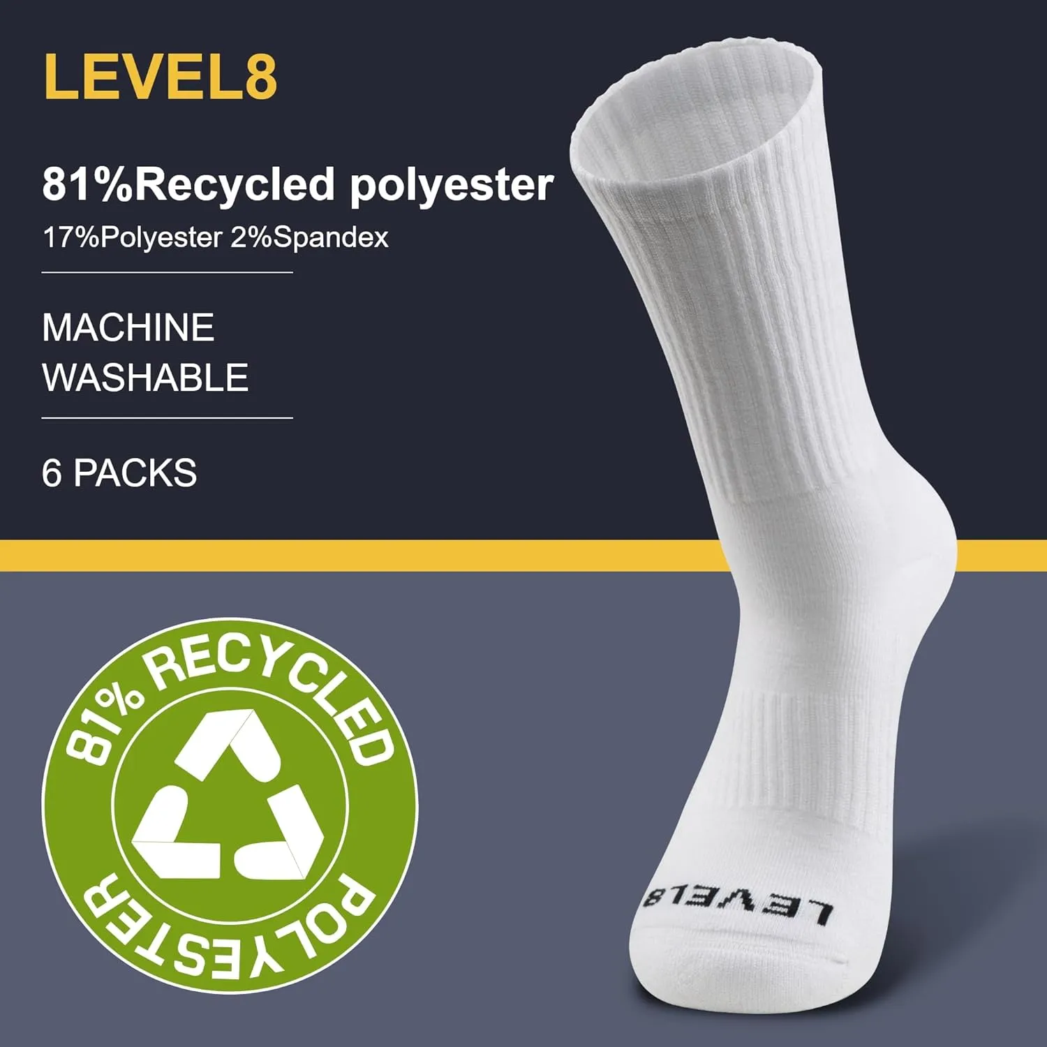 LEVEL8 Mens Work Crew Socks, Comfy Mid Calf Dress Socks, Moisture Wicking, Running and Exercise, 6 Pairs