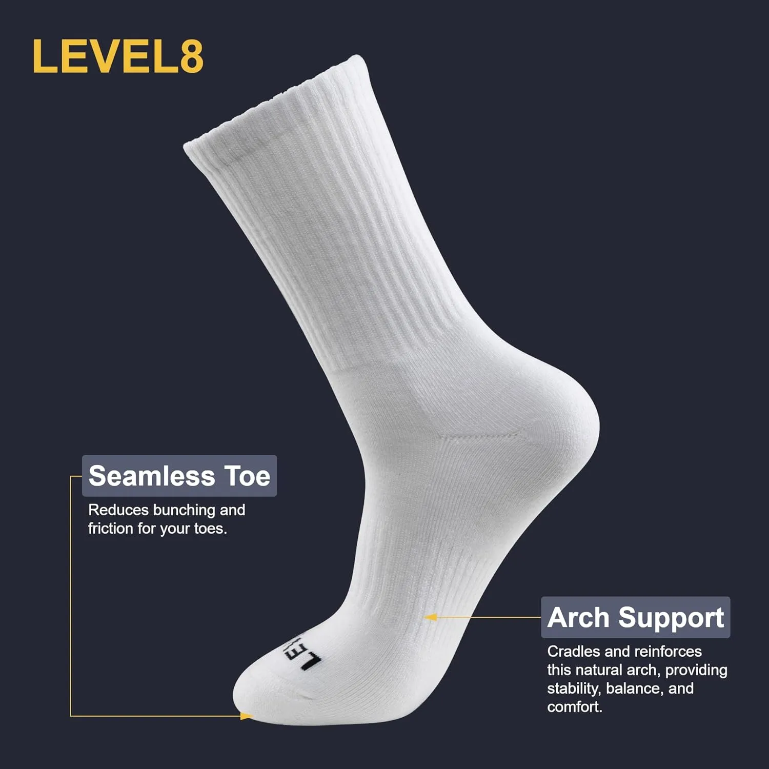 LEVEL8 Mens Work Crew Socks, Comfy Mid Calf Dress Socks, Moisture Wicking, Running and Exercise, 6 Pairs