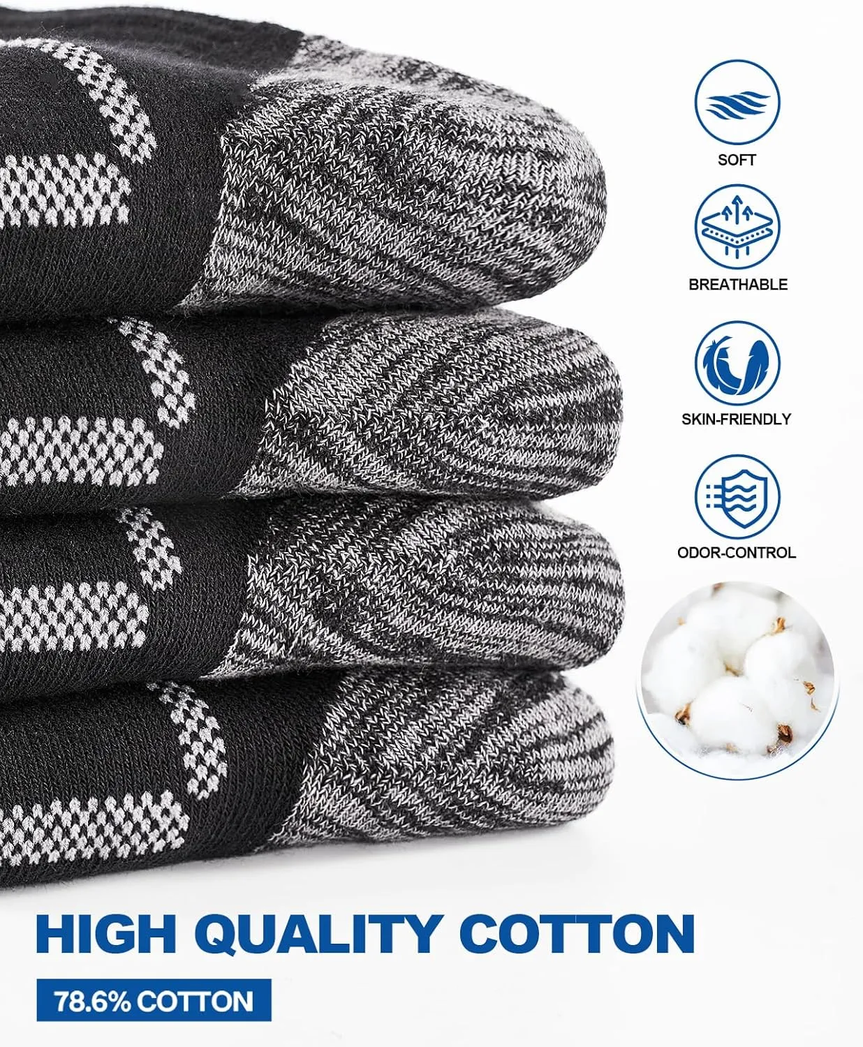 Men's Cushioned Crew Work Socks,4 Pairs Cotton Boot Socks, Moisture Wicking Hiking Sock for Athletic Sports Running