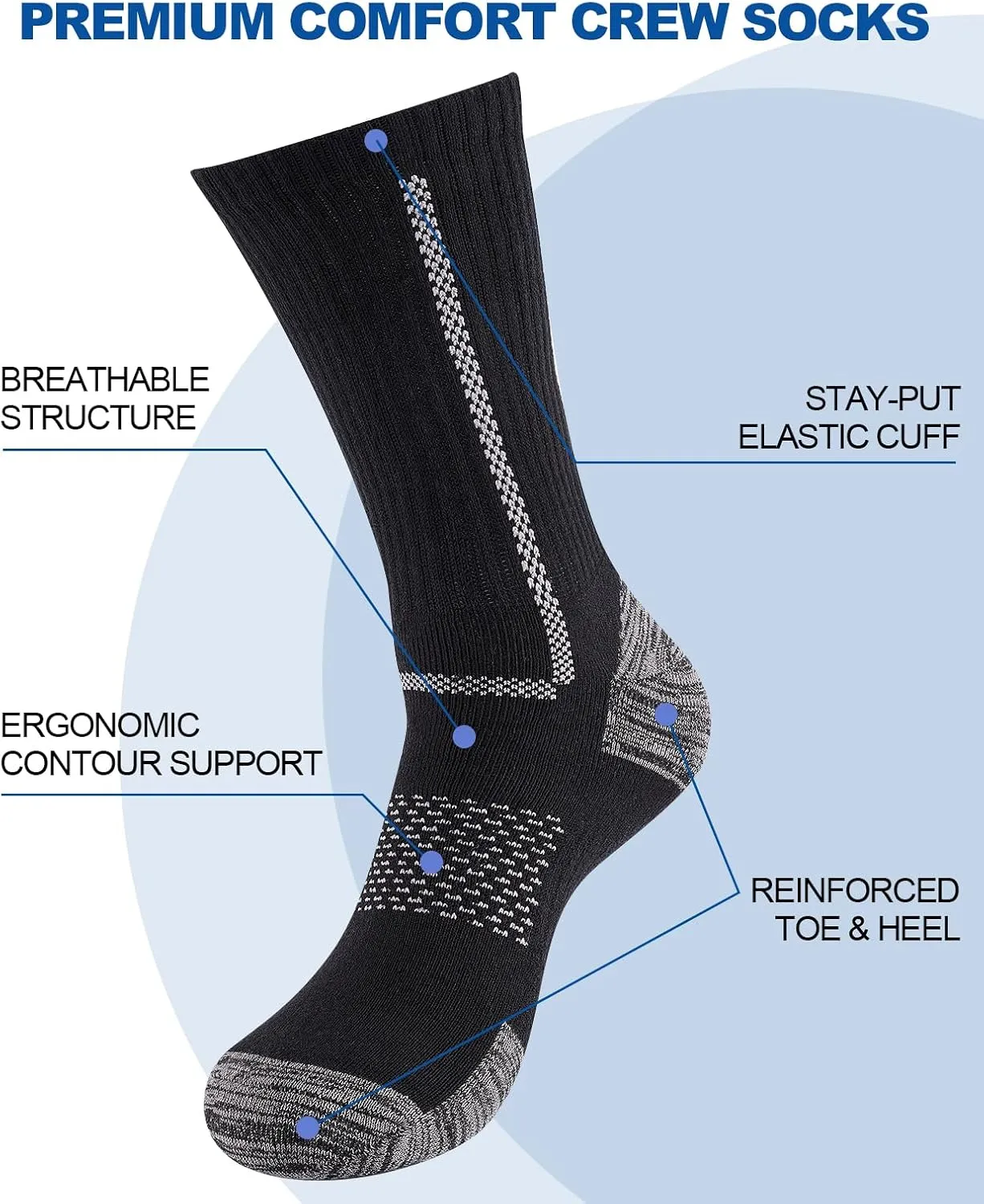 Men's Cushioned Crew Work Socks,4 Pairs Cotton Boot Socks, Moisture Wicking Hiking Sock for Athletic Sports Running