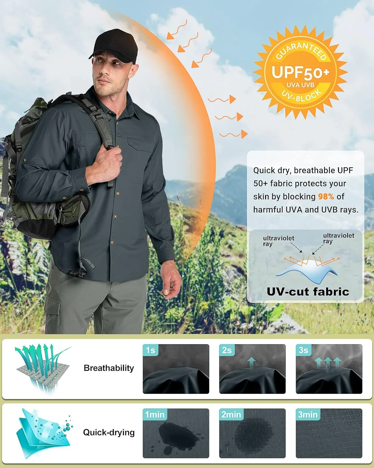 Outdoor Ventures Men's UPF 50  UV Sun Protection SPF Hiking Shirt Long Sleeve Lightweight Quick Dry for Safari Travel Fishing