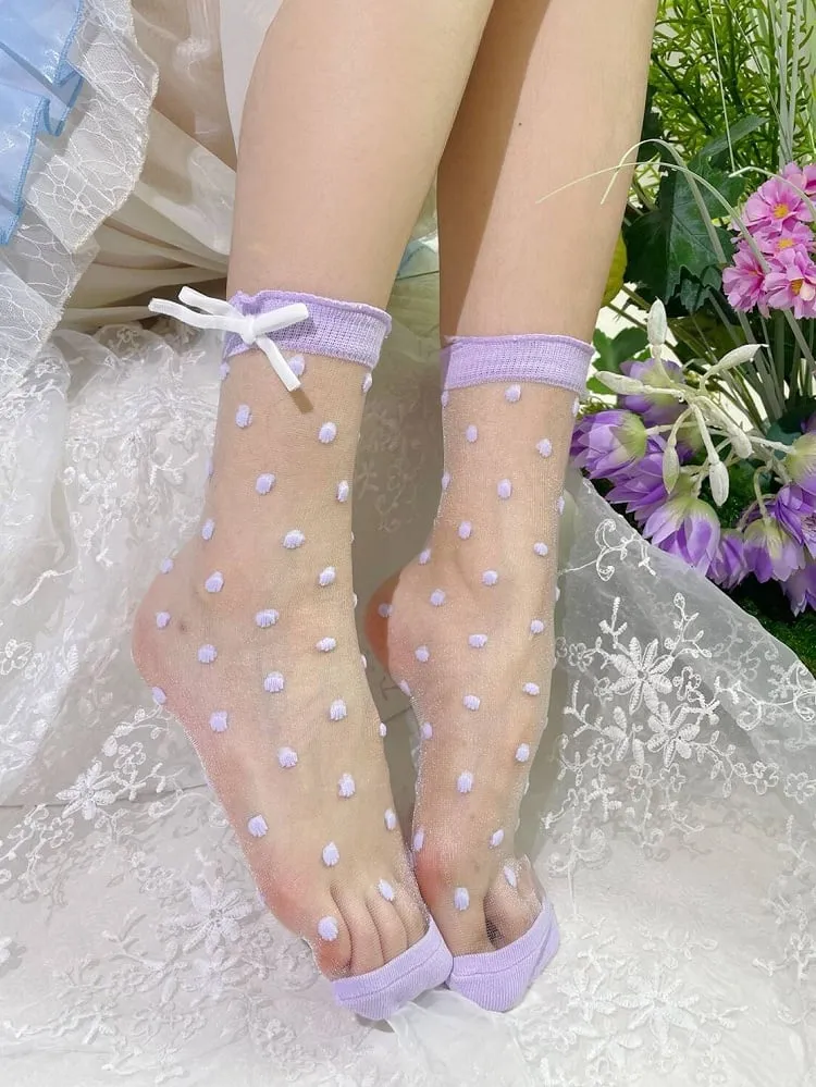 Purple Polka-dot Pattern Bow Lolita Ankle Socks