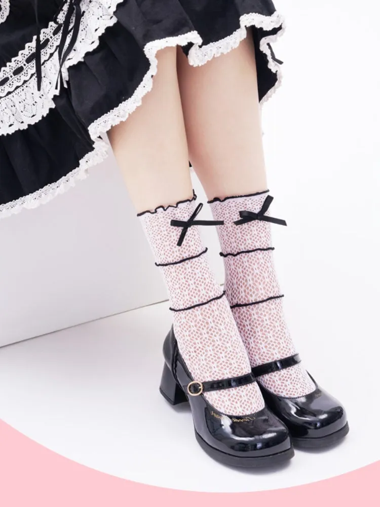 White Bow Contrast Black Trim Lace Ankle Socks