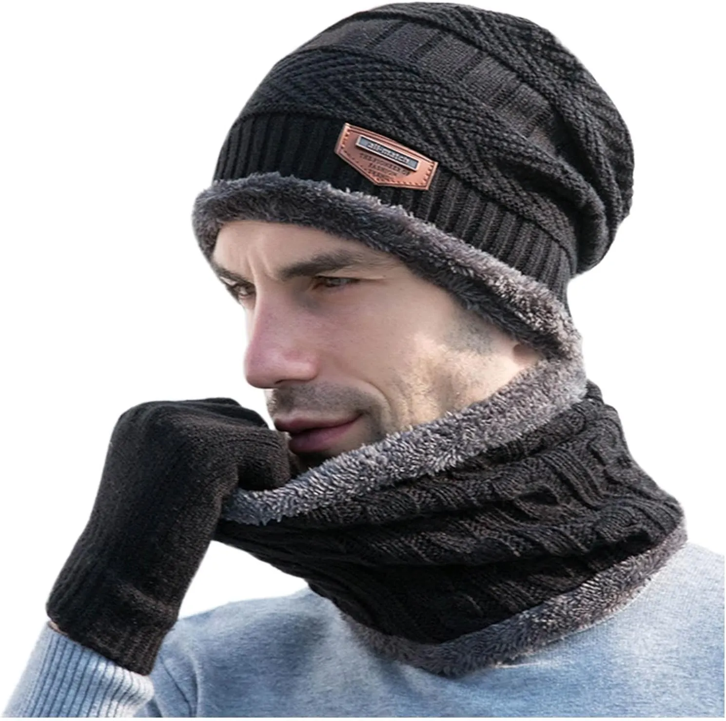 Winter Knit Beanie Hat Neck Warmer Touchscreen Gloves Set Lined Knitted Caps Scarf Gloves for Men Women