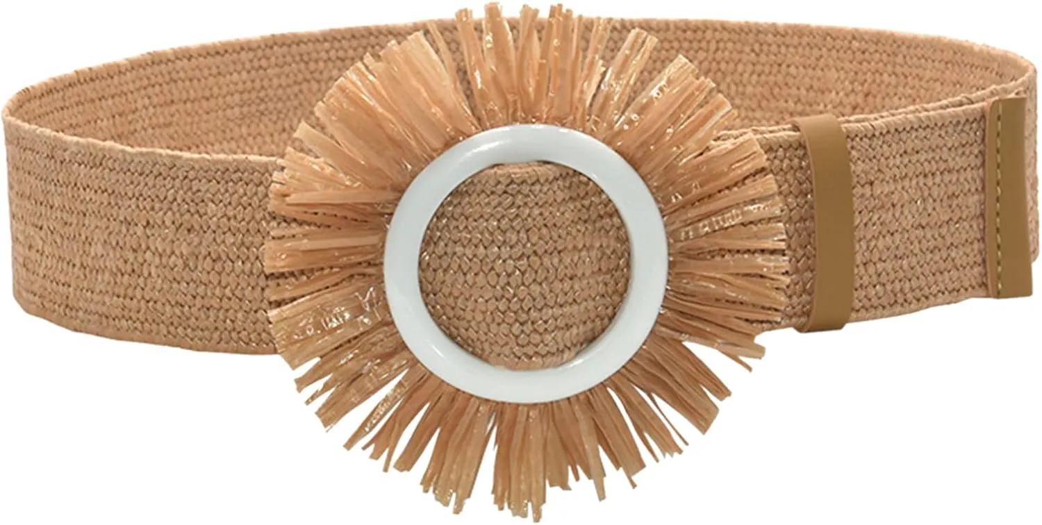 Women Belt Straw Woven Elastic Braided Stretch Wide Waist Belts For Women Dresses With Buckle Seat Belt with