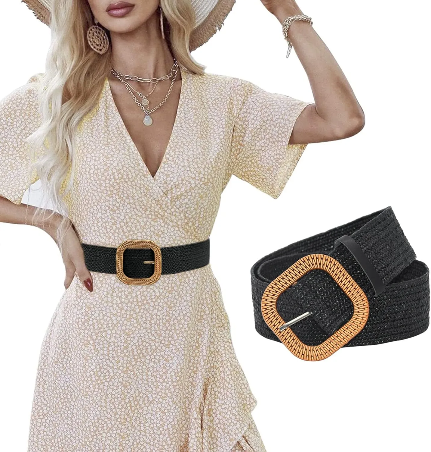 Women Belt Straw Woven Elastic Stretch Wide Waist Belts For Dresses With Buckle Sanding Belts 6x89