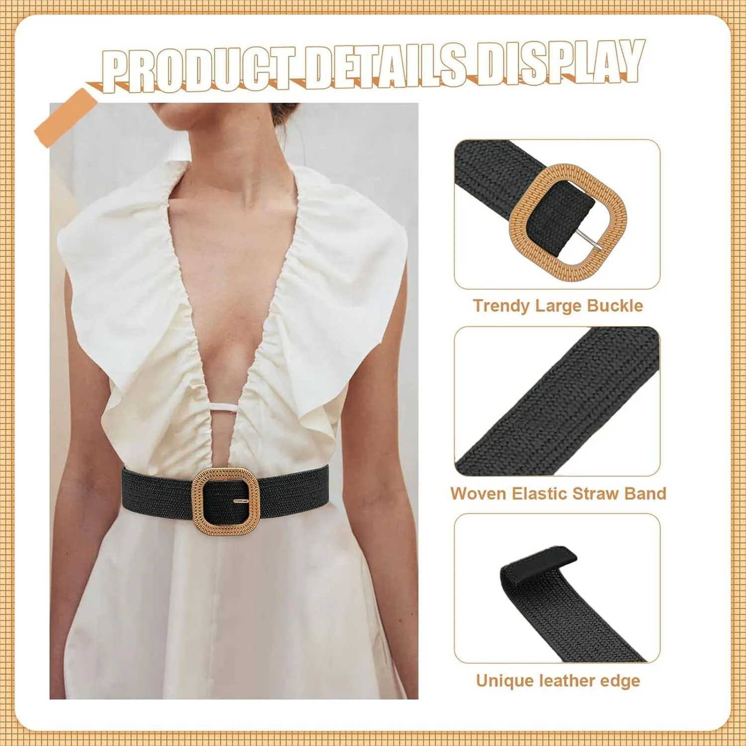 Women Belt Straw Woven Elastic Stretch Wide Waist Belts For Dresses With Buckle Sanding Belts 6x89