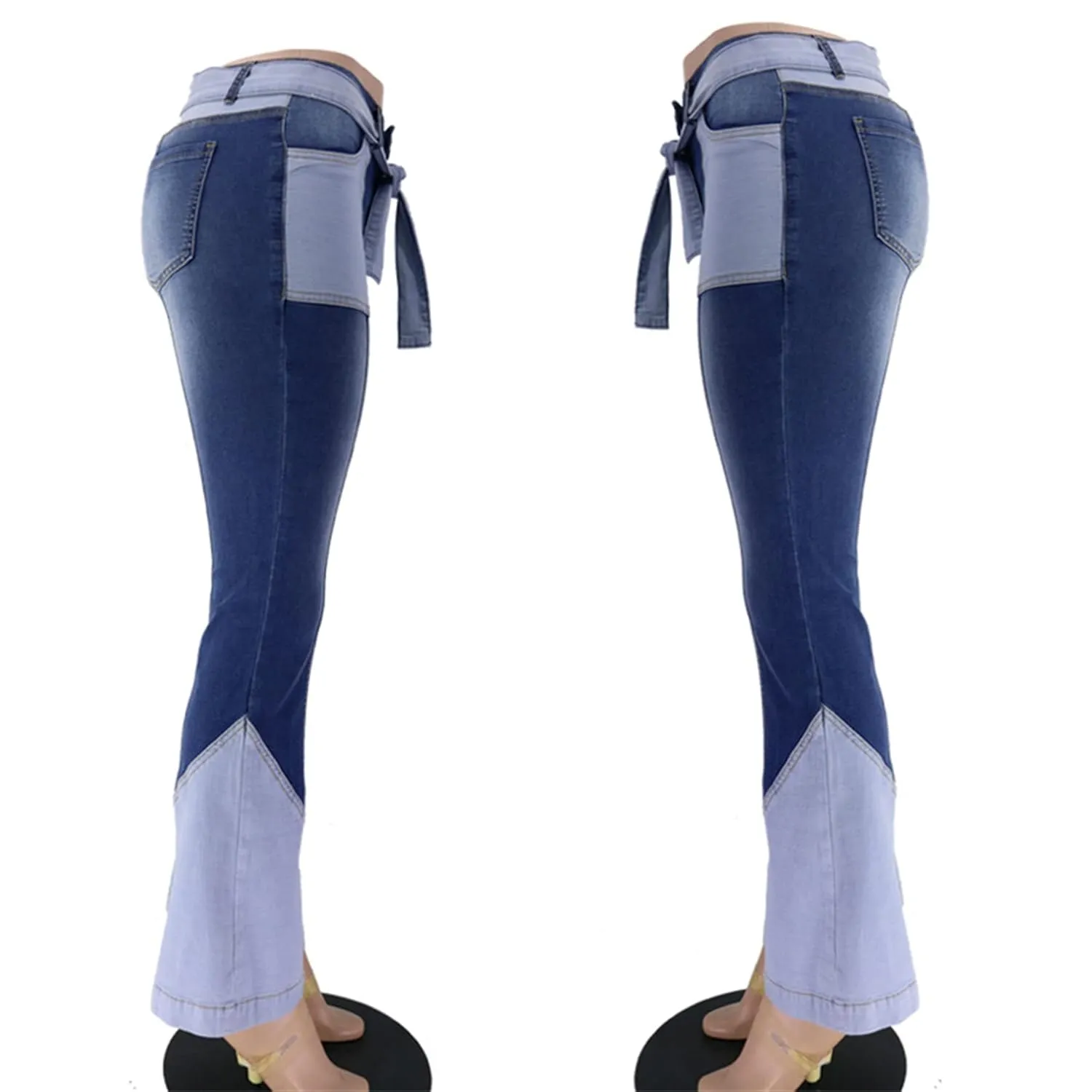 Women Color Block Flare Jeans Skinny Patchwork Bell Bottom Jean High Waist Multi-Tone Flared Denim Pants with Belts (Large,Light Blue)