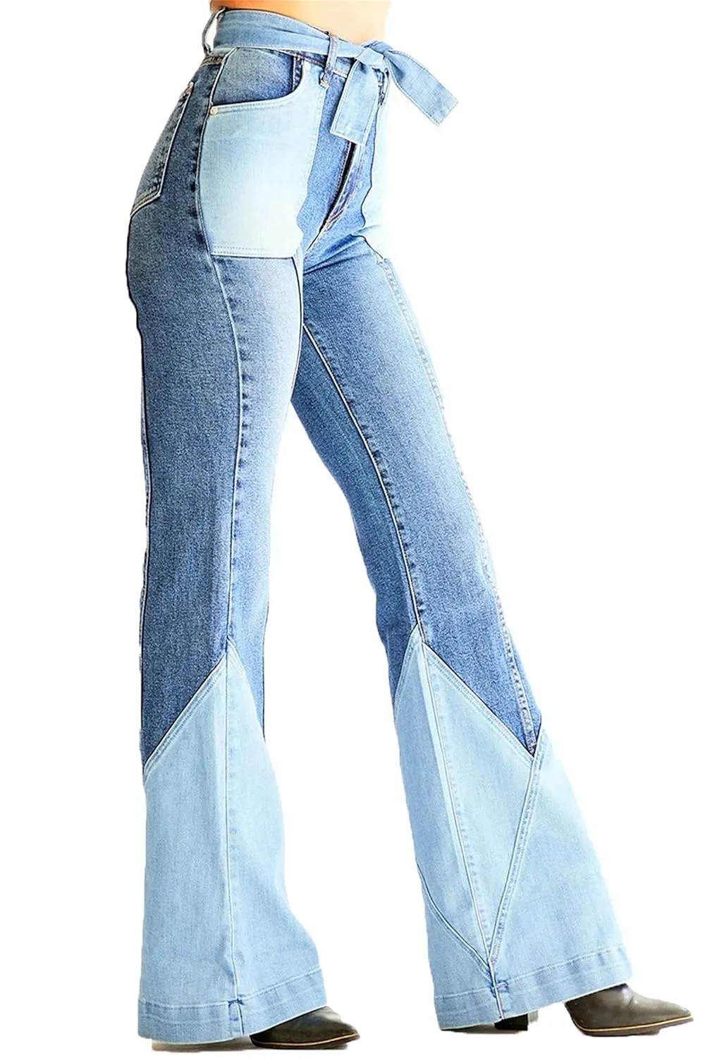 Women Color Block Flare Jeans Skinny Patchwork Bell Bottom Jean High Waist Multi-Tone Flared Denim Pants with Belts (Large,Light Blue)