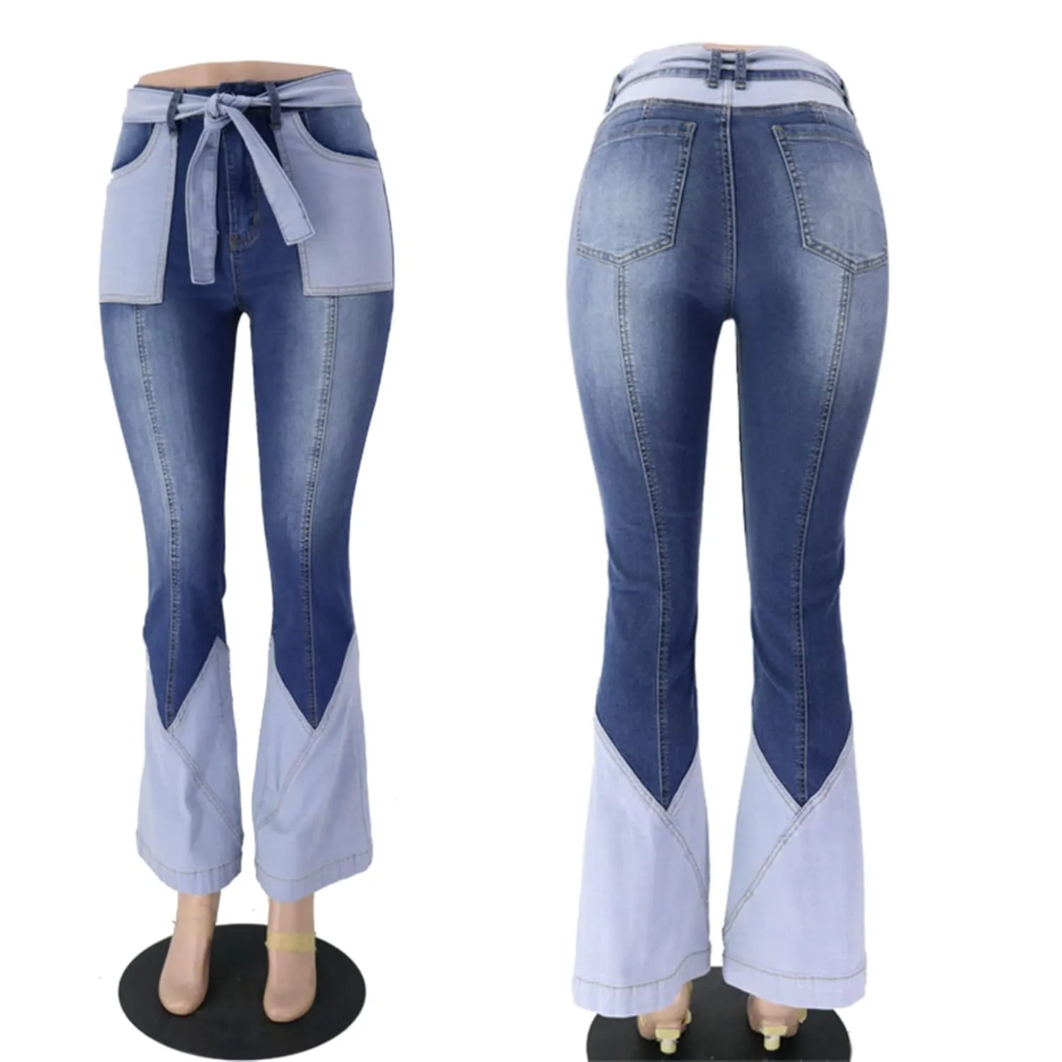 Women Color Block Flare Jeans Skinny Patchwork Bell Bottom Jean High Waist Multi-Tone Flared Denim Pants with Belts (Large,Light Blue)