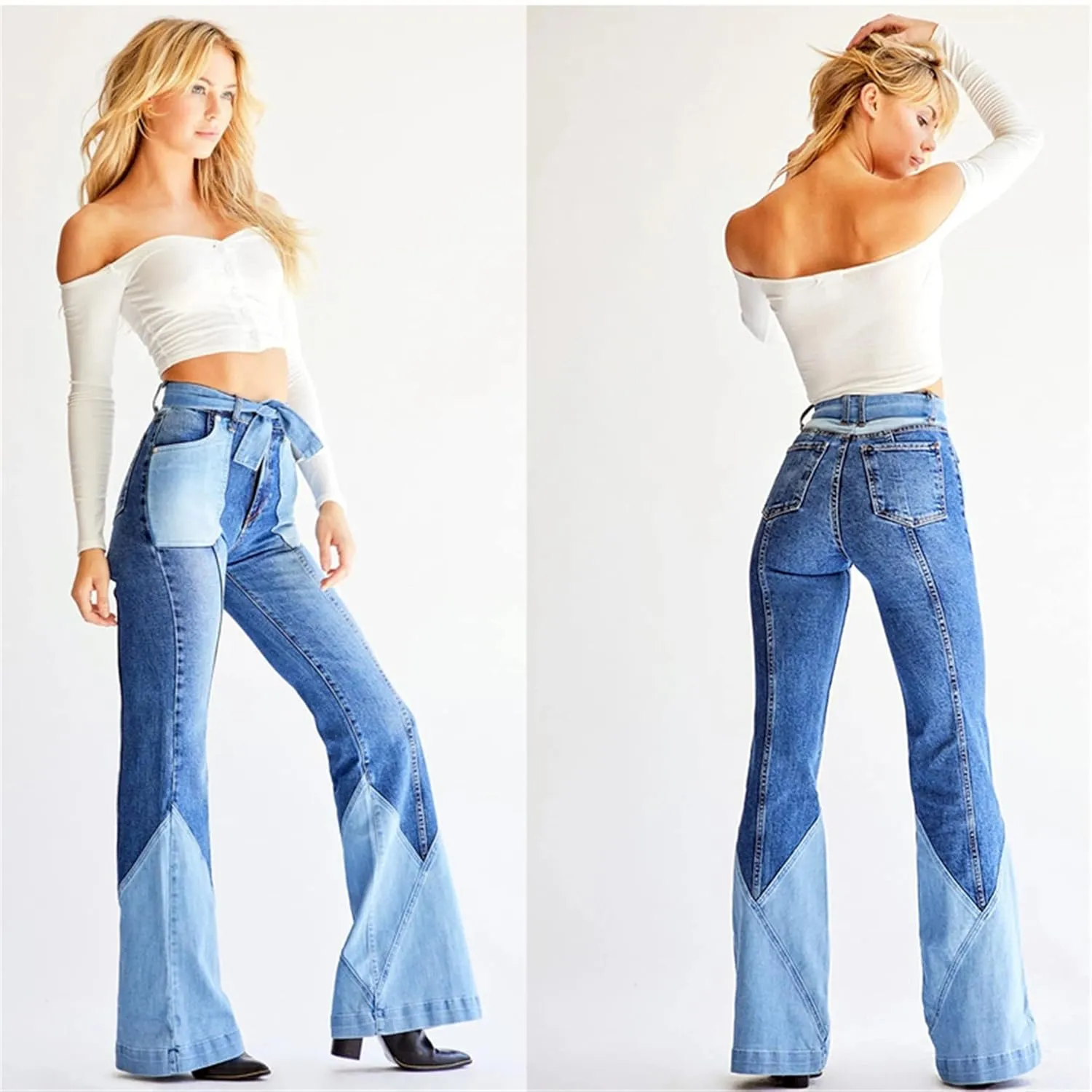Women Color Block Flare Jeans Skinny Patchwork Bell Bottom Jean High Waist Multi-Tone Flared Denim Pants with Belts (Large,Light Blue)