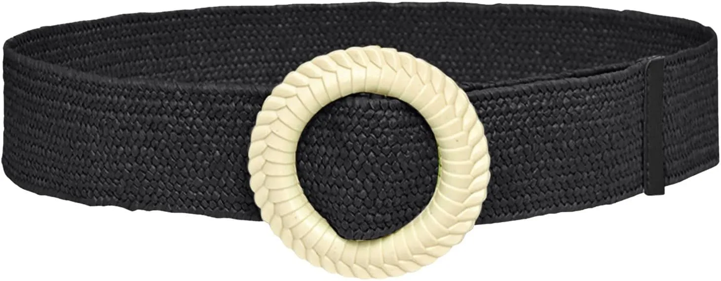 Women Straw Woven Waist Belt Wide Boho Braided Dress Belts Wood Buckle Belts with Buckle