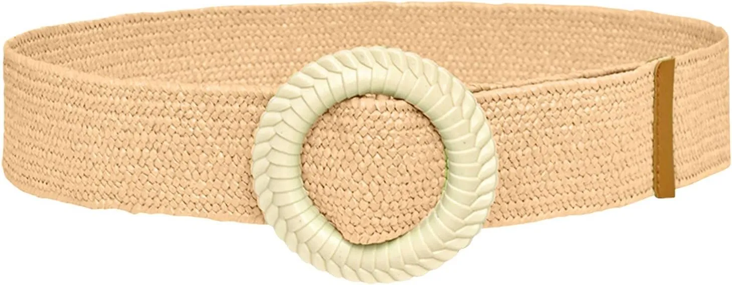 Women Straw Woven Waist Belt Wide Boho Braided Dress Belts Wood Buckle Belts with Buckle