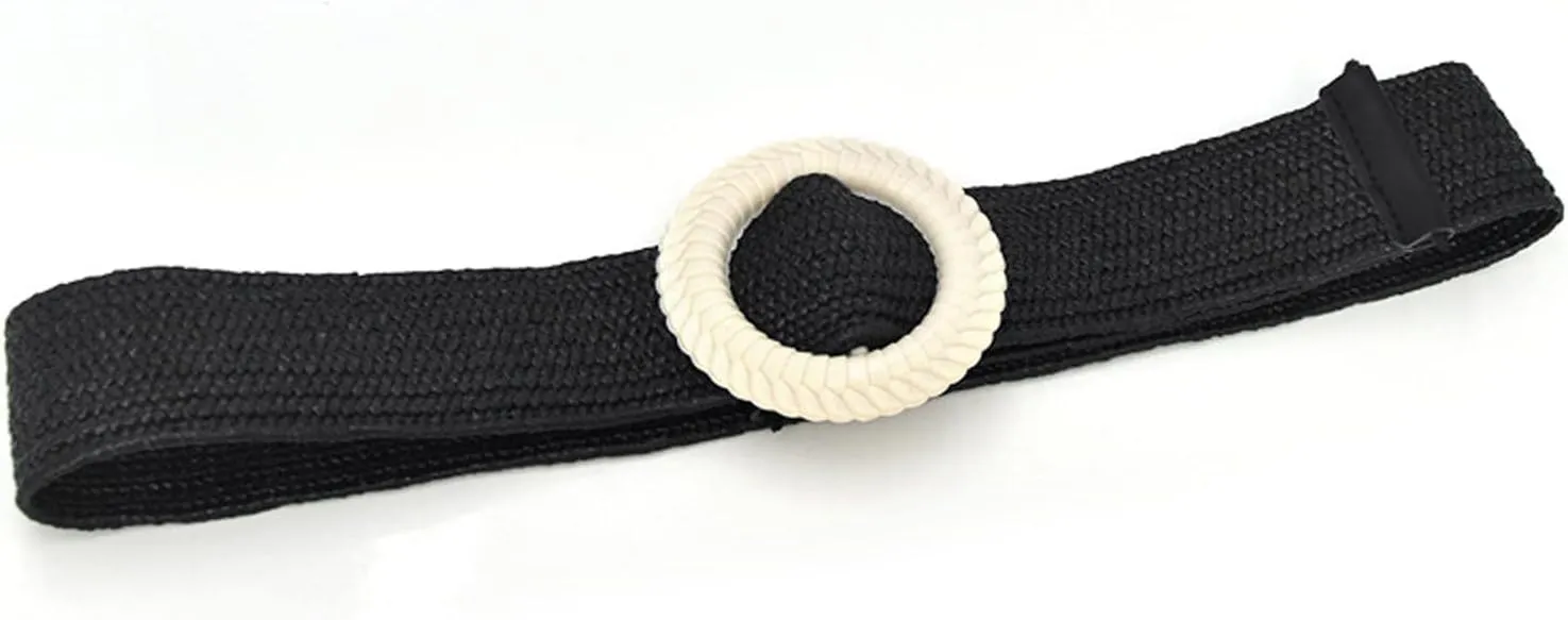 Women Straw Woven Waist Belt Wide Boho Braided Dress Belts Wood Buckle Belts with Buckle