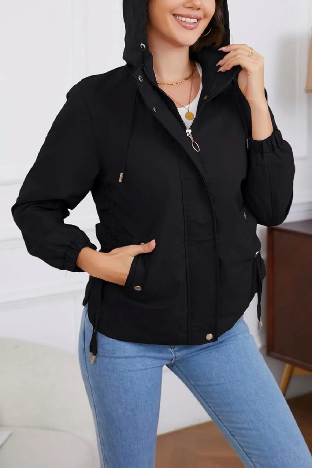 Women's Jacket with Pockets Lightweight Drawstring Versatile Casual Hooded Zipper Utility Jacket Windbreaker