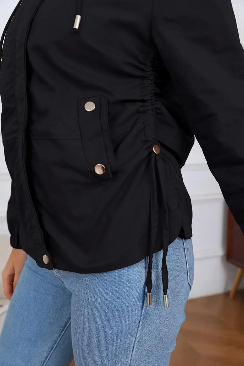 Women's Jacket with Pockets Lightweight Drawstring Versatile Casual Hooded Zipper Utility Jacket Windbreaker